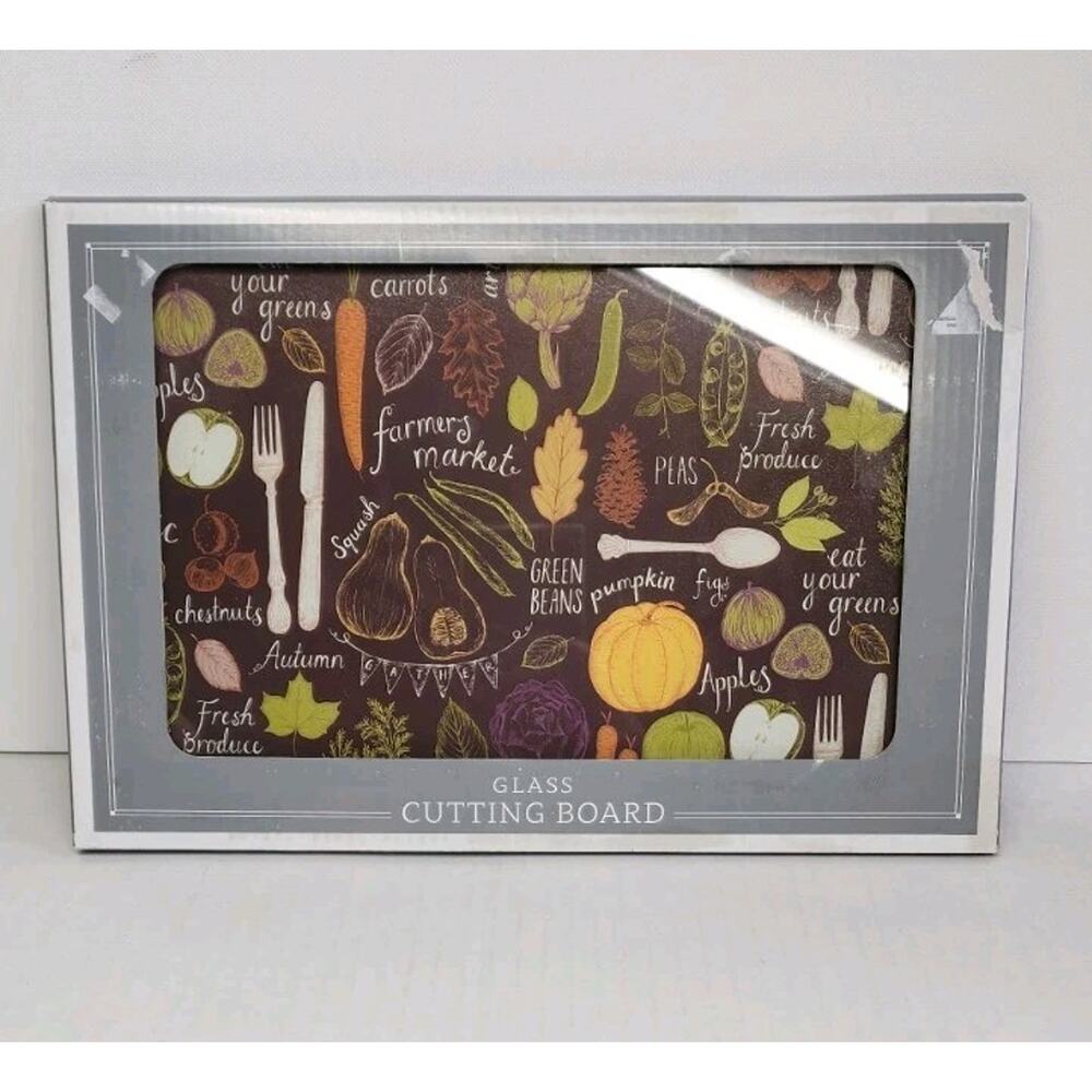 Tempered Glass Cutting Board 12" X 8 " vegetables Farmers pattern New In Box